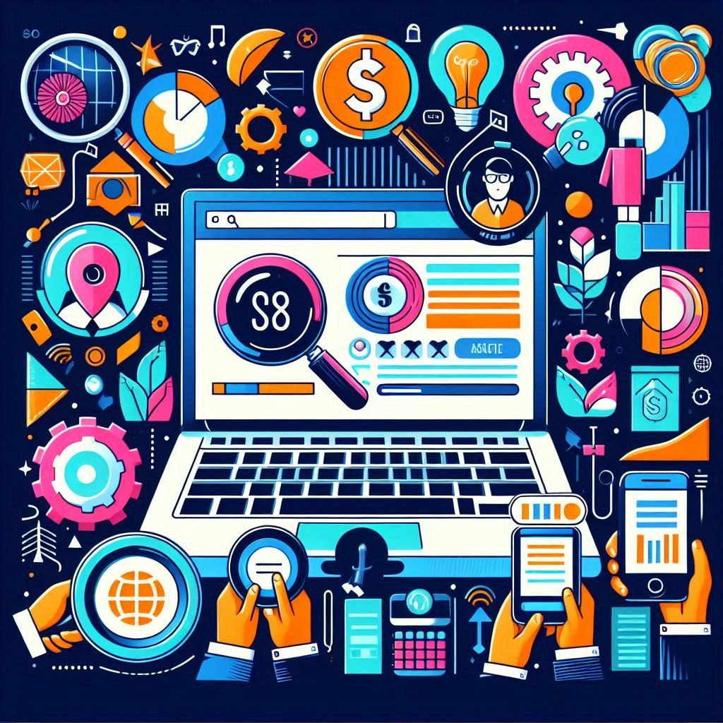 Graphic image of a laptop with a generic business report on the screen, surrounded by a collage of imagery to symbolize business, revenue, new ideas, and growth.