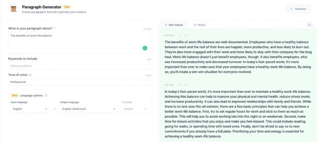 Content marketing tools: Image of Jasper's Paragraph Generator tool