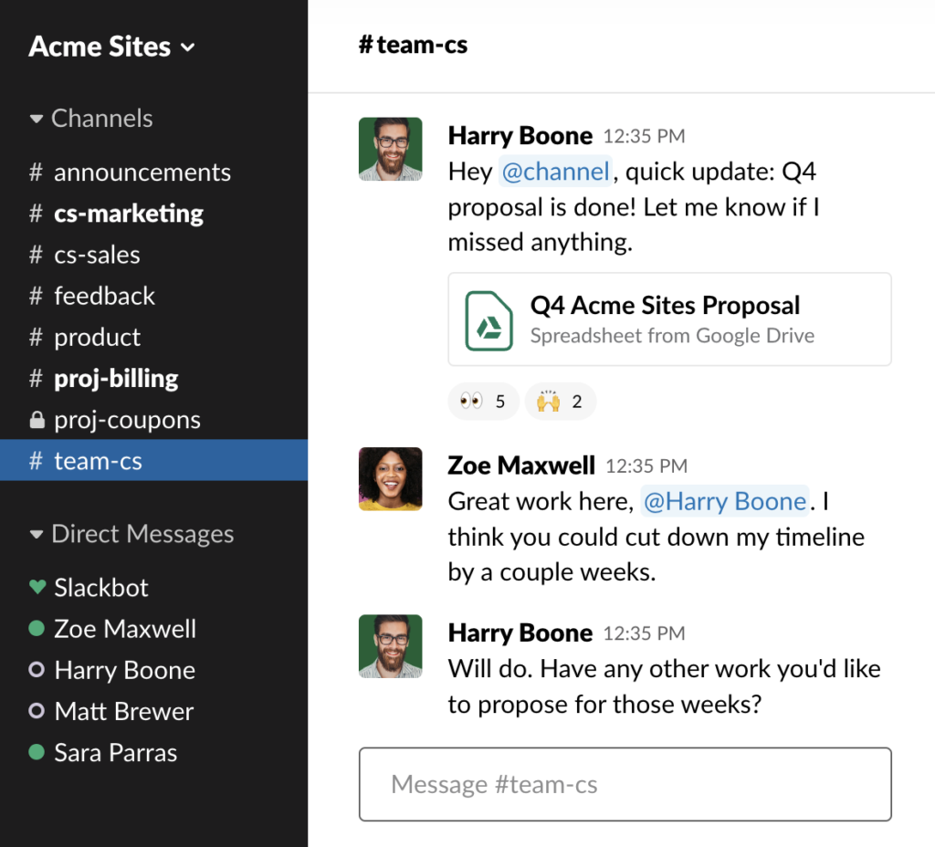 Content marketing tools: Image of Slack's interface with several channels